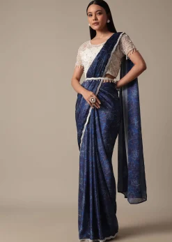 Navy Blue Readymade Saree With Stitched Blouse