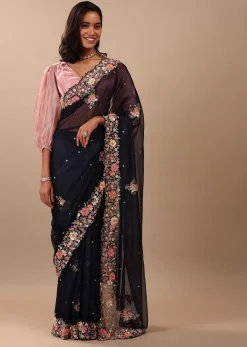 Navy Blue Saree In Organza With 3D Floral Embroidery In Moti, Cut Dana, And Sequins