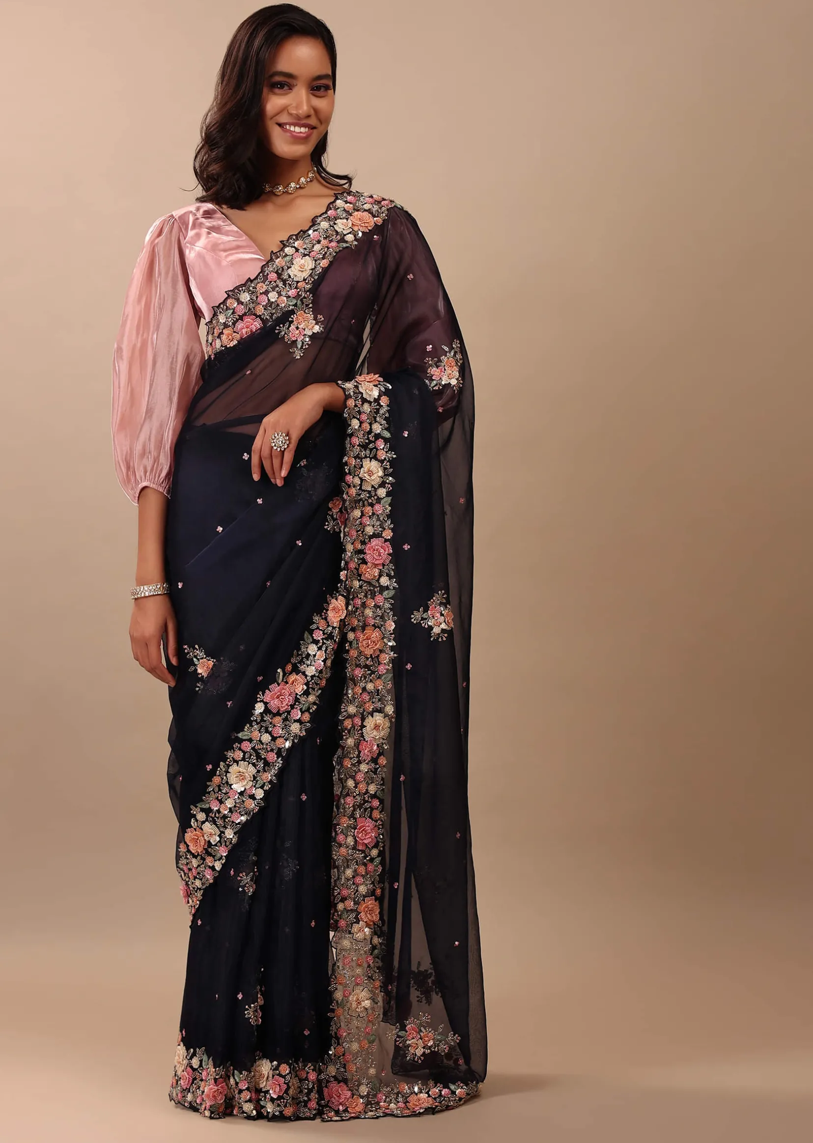 Navy Blue Saree In Organza With 3D Floral Embroidery In Moti, Cut Dana, And Sequins