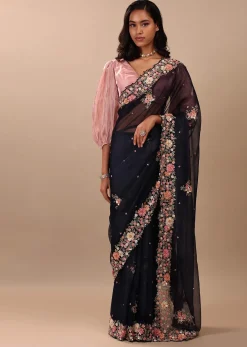 Navy Blue Saree In Organza With 3D Floral Embroidery In Moti, Cut Dana, And Sequins