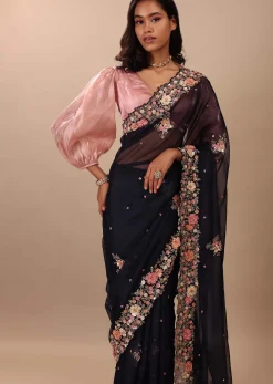 Navy Blue Saree In Organza With 3D Floral Embroidery In Moti, Cut Dana, And Sequins