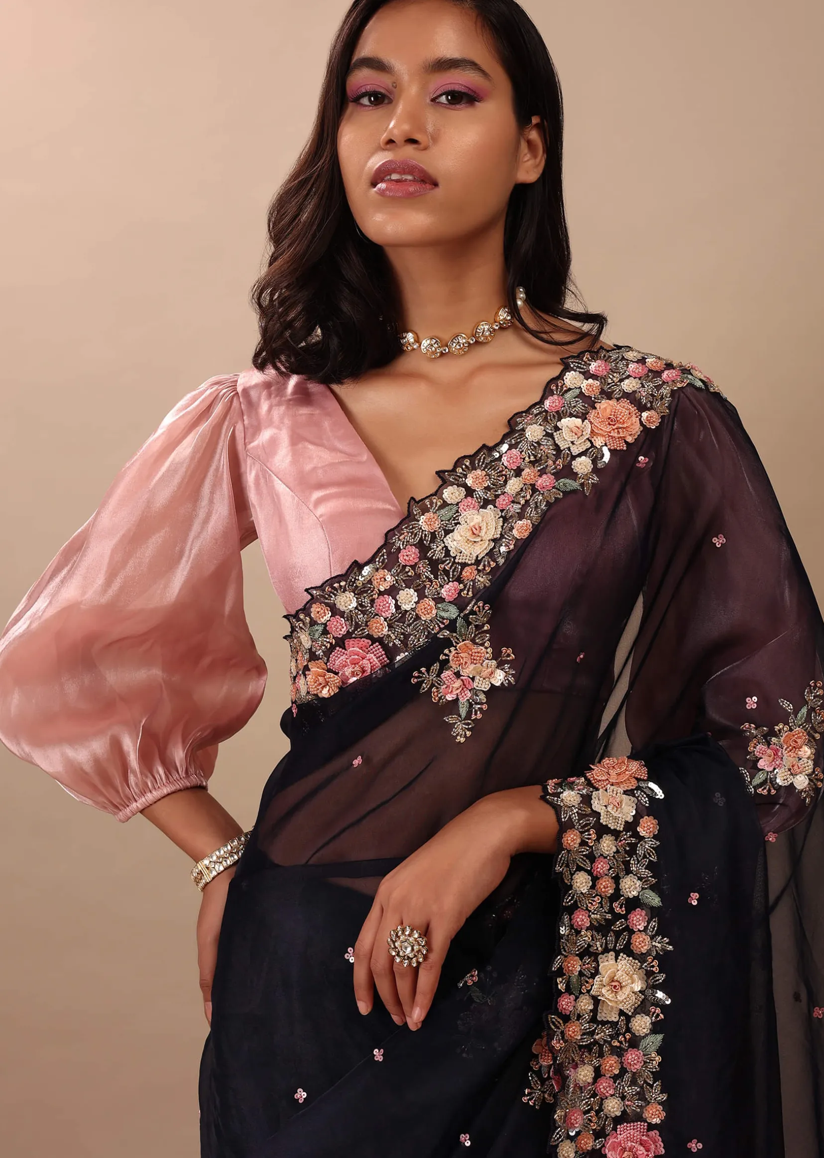 Navy Blue Saree In Organza With 3D Floral Embroidery In Moti, Cut Dana, And Sequins