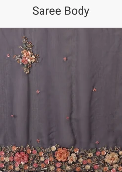 Navy Blue Saree In Organza With 3D Floral Embroidery In Moti, Cut Dana, And Sequins