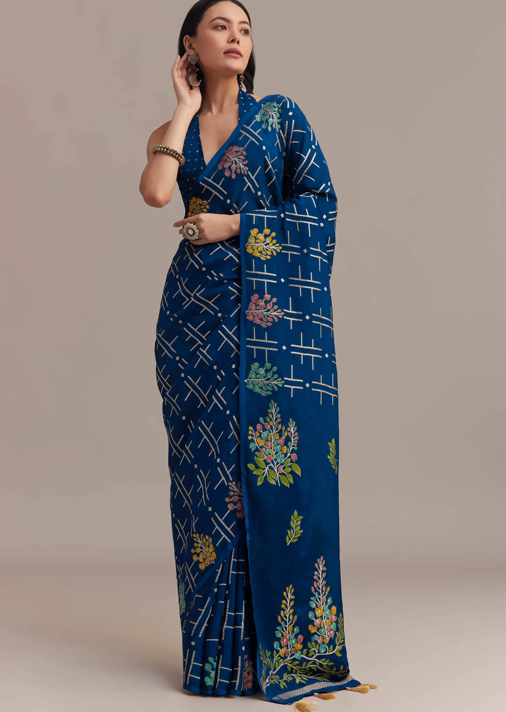Navy Blue Saree With Leaf Motif Woven Design