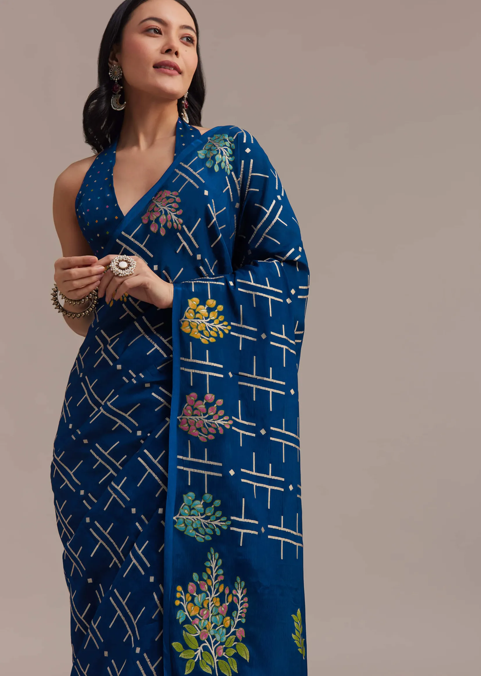 Navy Blue Saree With Leaf Motif Woven Design