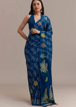 Navy Blue Saree With Leaf Motif Woven Design