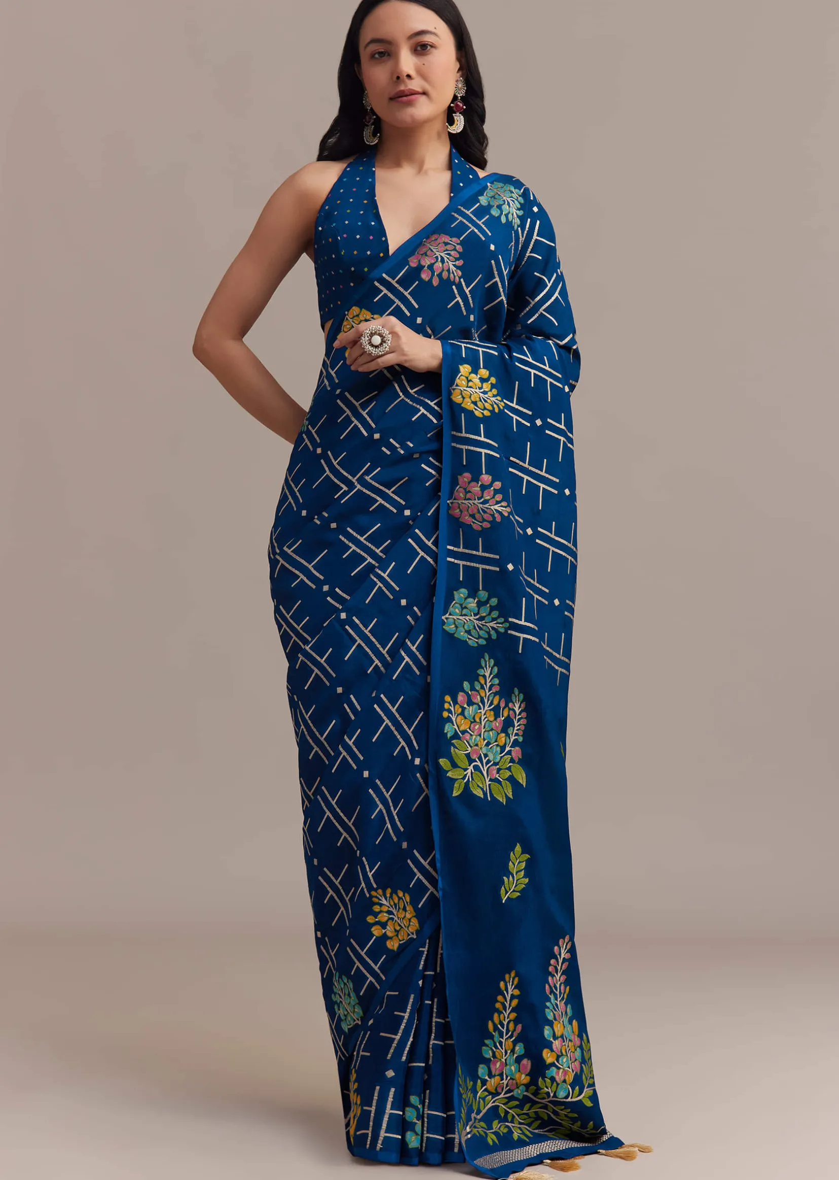 Navy Blue Saree With Leaf Motif Woven Design