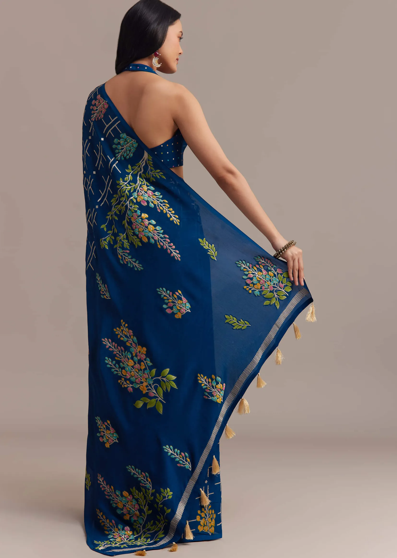 Navy Blue Saree With Leaf Motif Woven Design