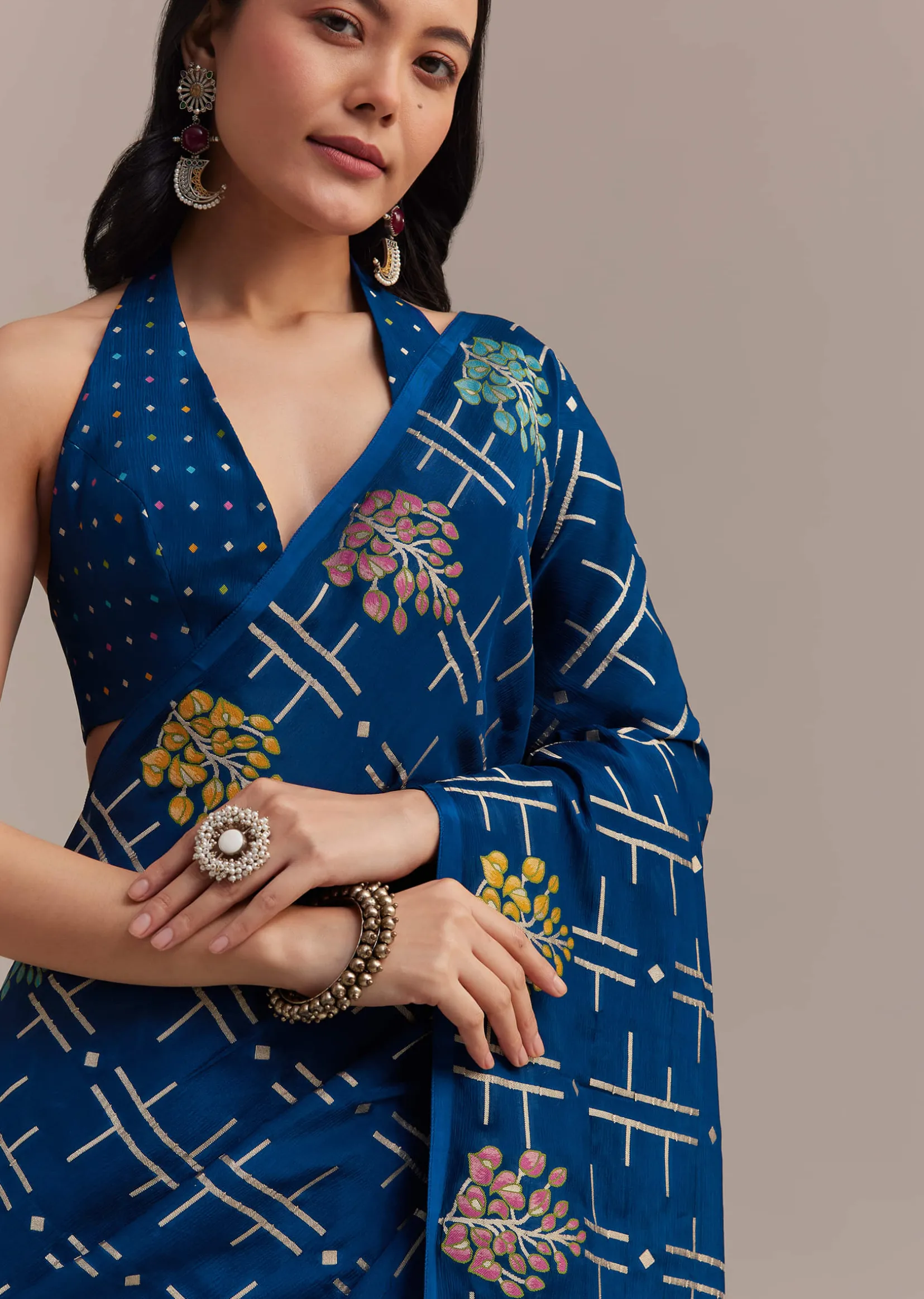 Navy Blue Saree With Leaf Motif Woven Design