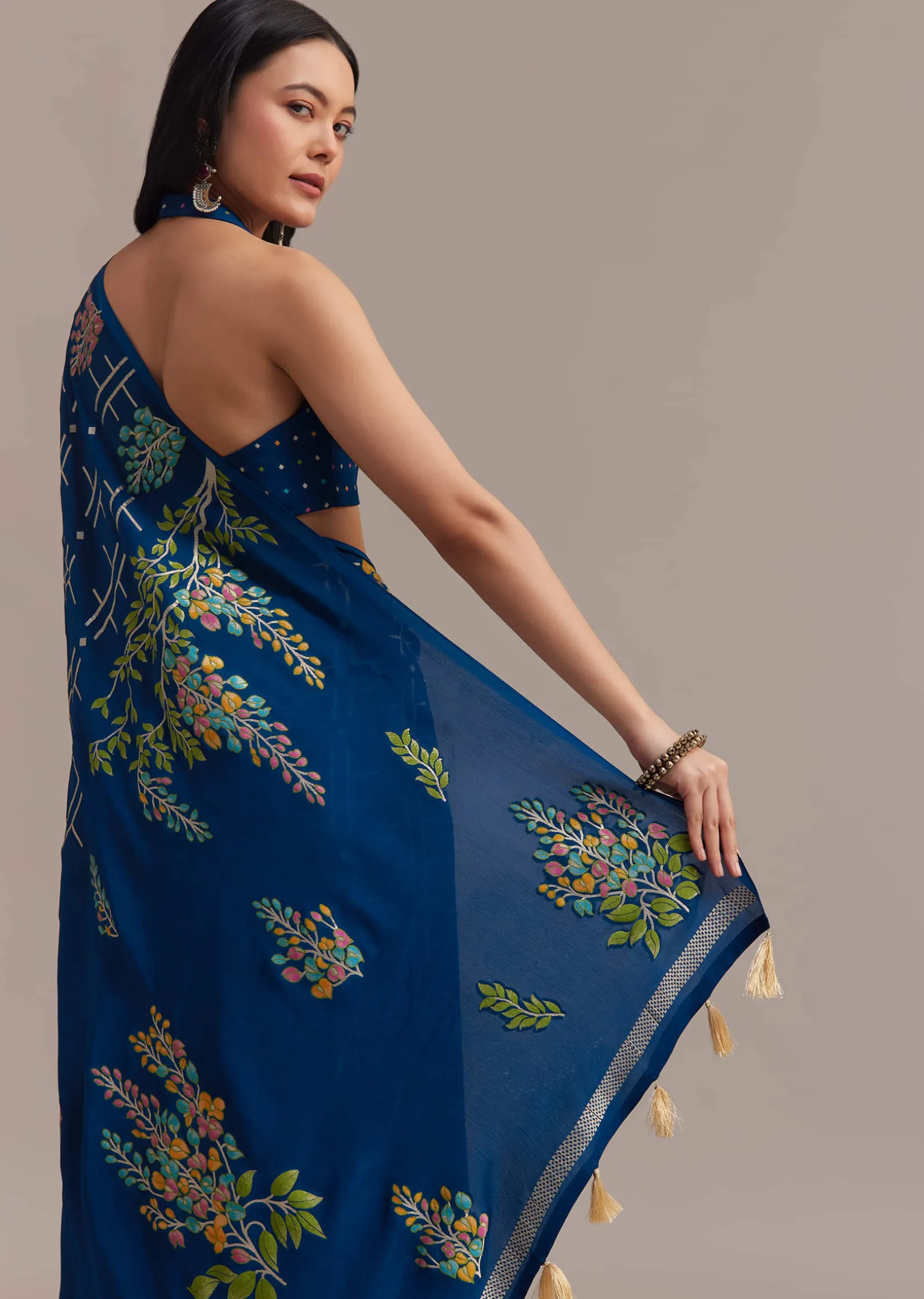 Navy Blue Saree With Leaf Motif Woven Design