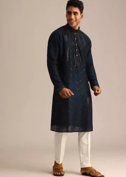 Navy Blue Sequin Work Silk Kurta Set
