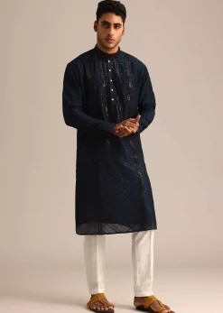 Navy Blue Sequin Work Silk Kurta Set