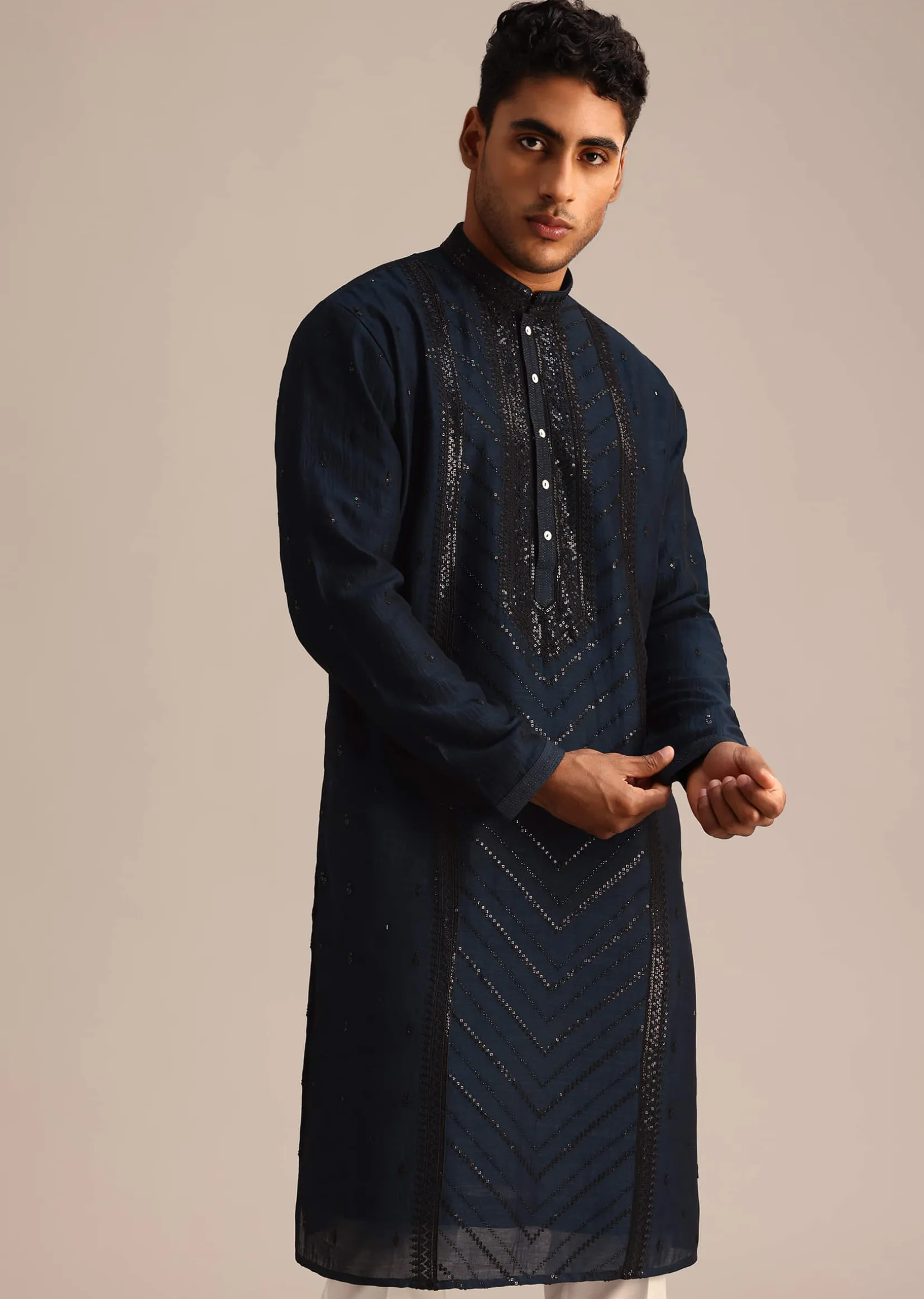 Navy Blue Sequin Work Silk Kurta Set