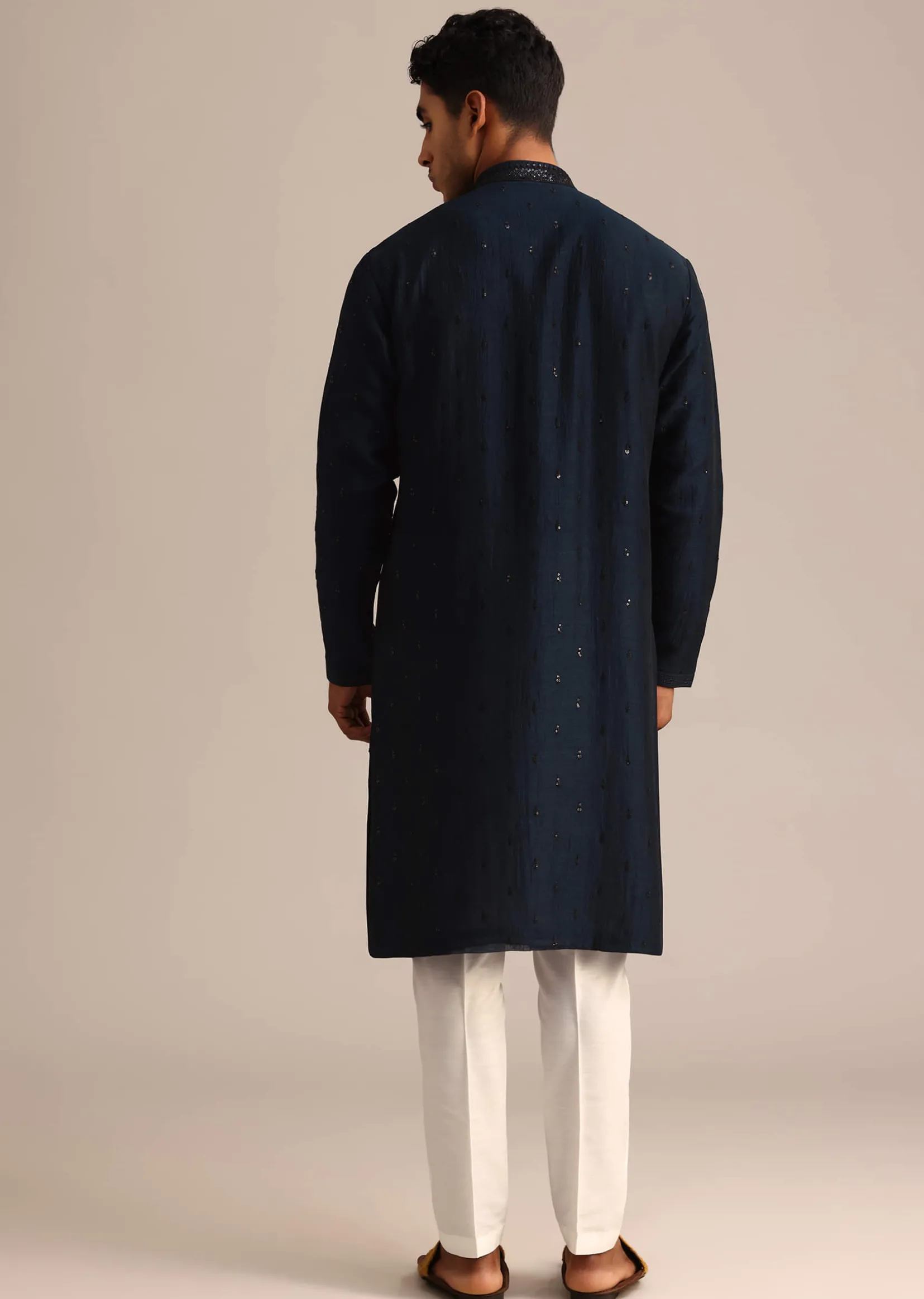 Navy Blue Sequin Work Silk Kurta Set