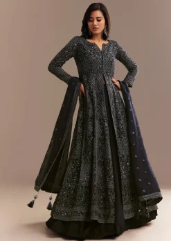 Navy Blue Sequined High Slit Kurta Lehenga Set