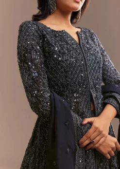Navy Blue Sequined High Slit Kurta Lehenga Set