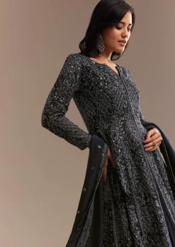 Navy Blue Sequined High Slit Kurta Lehenga Set