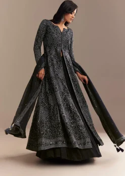 Navy Blue Sequined High Slit Kurta Lehenga Set