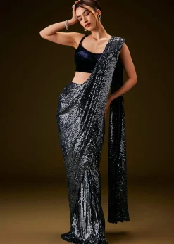 Navy Blue Sequins Ready Pleated Saree with Velvet Blouse