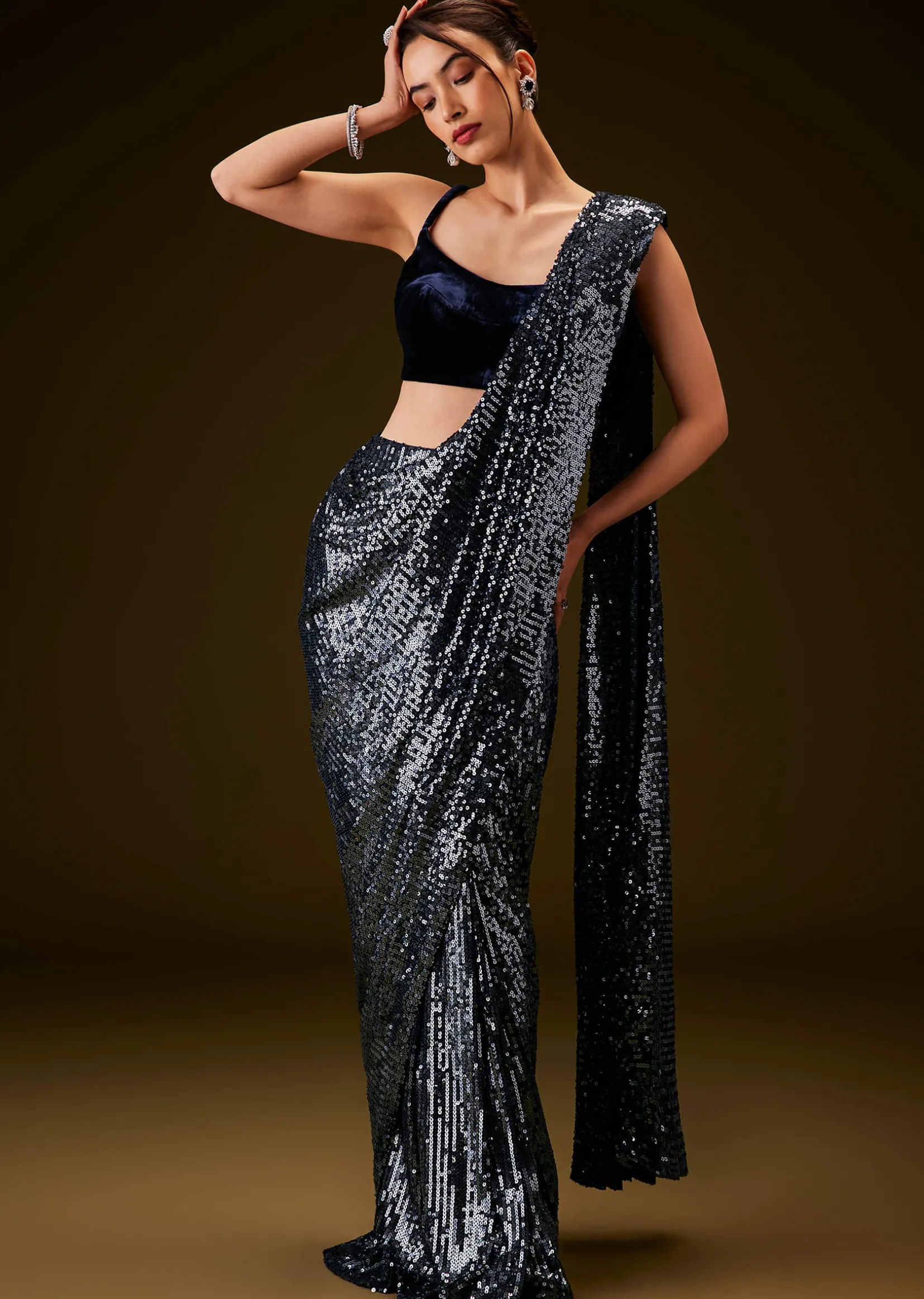 Navy Blue Sequins Ready Pleated Saree with Velvet Blouse