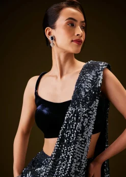 Navy Blue Sequins Ready Pleated Saree with Velvet Blouse