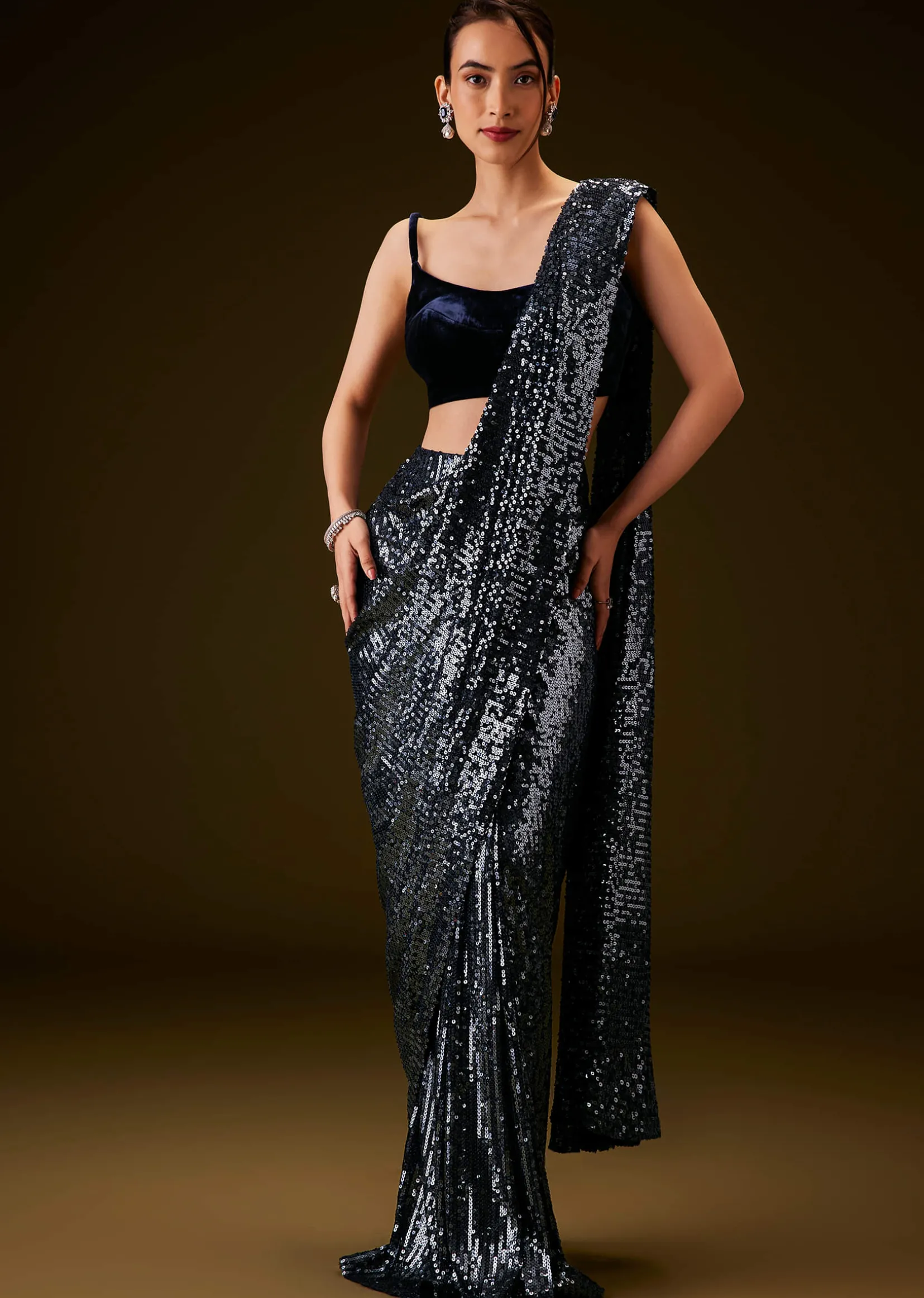 Navy Blue Sequins Ready Pleated Saree with Velvet Blouse