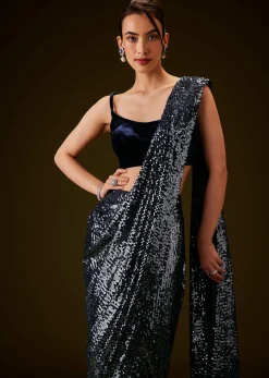 Navy Blue Sequins Ready Pleated Saree with Velvet Blouse