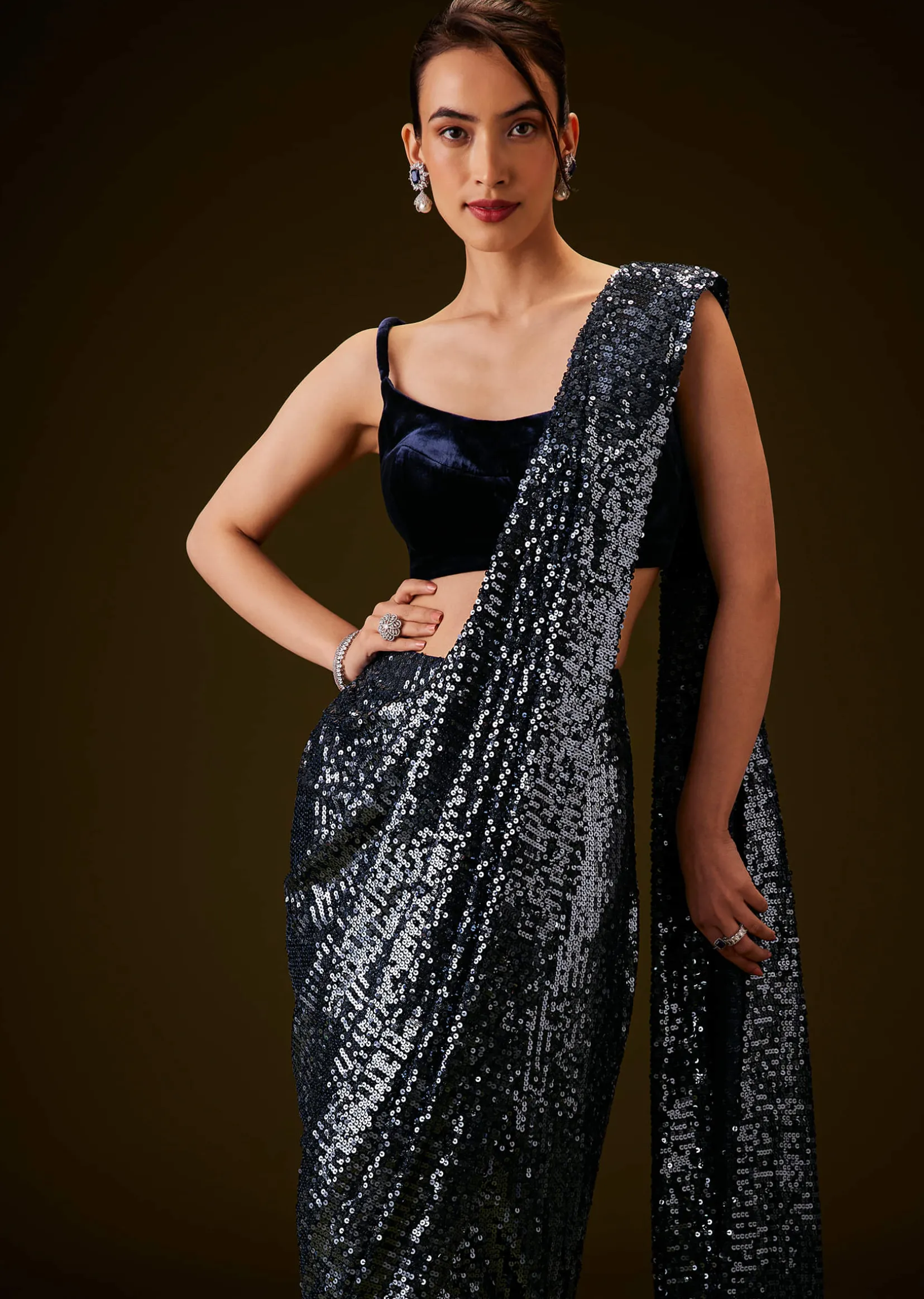 Navy Blue Sequins Ready Pleated Saree with Velvet Blouse