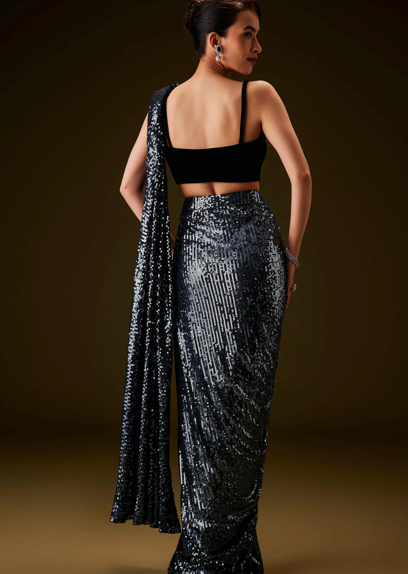 Navy Blue Sequins Ready Pleated Saree with Velvet Blouse