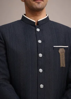 Navy Blue Sherwani Set In Silk