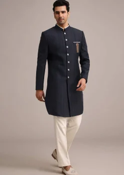 Navy Blue Sherwani Set In Silk