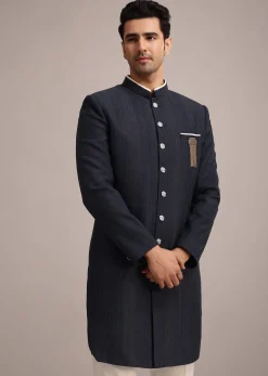 Navy Blue Sherwani Set In Silk