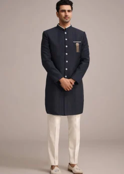 Navy Blue Sherwani Set In Silk