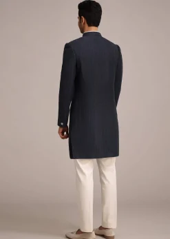 Navy Blue Sherwani Set In Silk