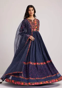 Navy Blue Silk Bandhani Anarkali With Organza Dupatta