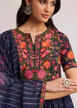 Navy Blue Silk Bandhani Anarkali With Organza Dupatta