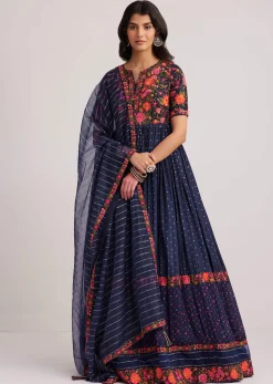 Navy Blue Silk Bandhani Anarkali With Organza Dupatta