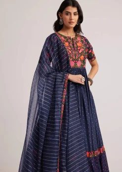 Navy Blue Silk Bandhani Anarkali With Organza Dupatta