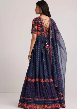 Navy Blue Silk Bandhani Anarkali With Organza Dupatta