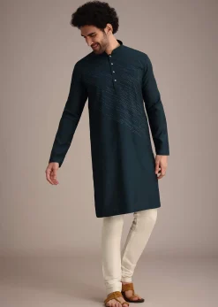 Navy Blue Silk Blend Embroidered Kurta Set