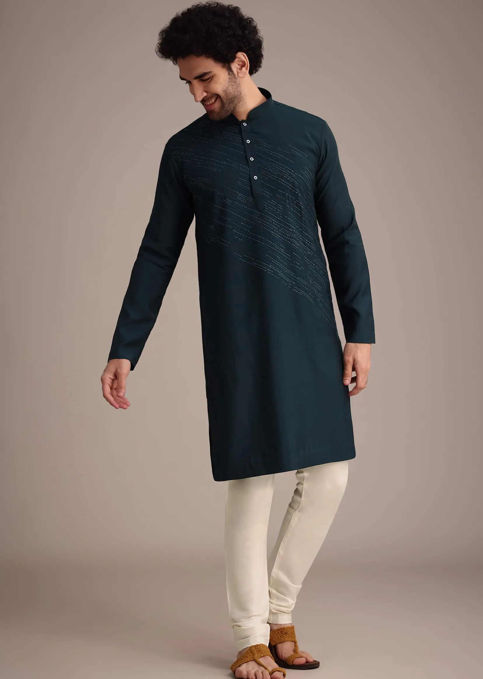 Navy Blue Silk Blend Embroidered Kurta Set