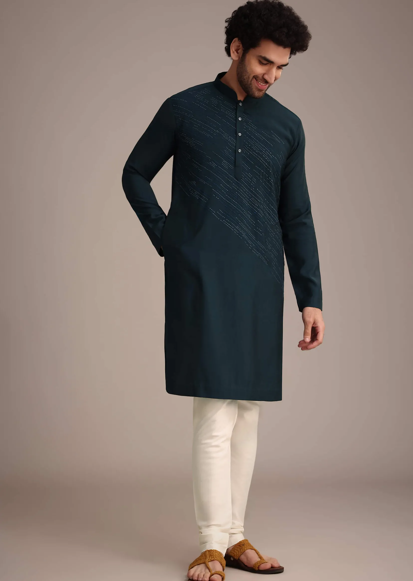 Navy Blue Silk Blend Embroidered Kurta Set