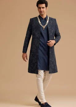 Navy Blue Silk Open Sherwani With Zardosi Embroidery
