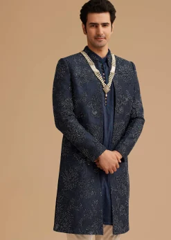 Navy Blue Silk Open Sherwani With Zardosi Embroidery