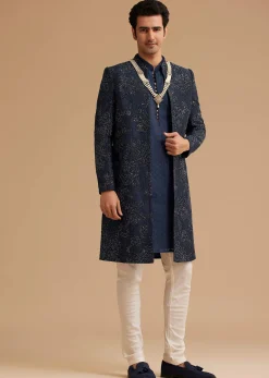 Navy Blue Silk Open Sherwani With Zardosi Embroidery