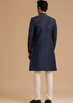 Navy Blue Silk Open Sherwani With Zardosi Embroidery