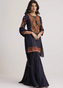 Navy Blue Silk Sharara Set