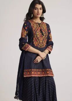 Navy Blue Silk Sharara Set
