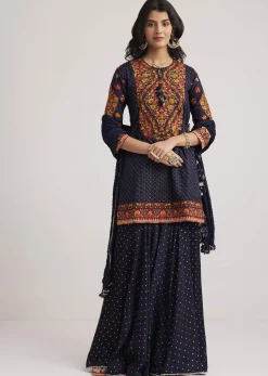 Navy Blue Silk Sharara Set