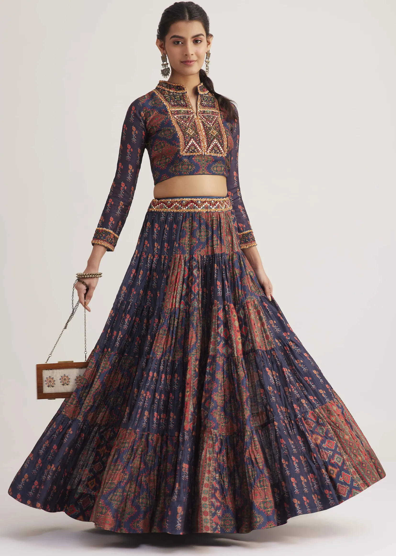 Navy Blue Silk Skirt Set With Orange Indie Prints